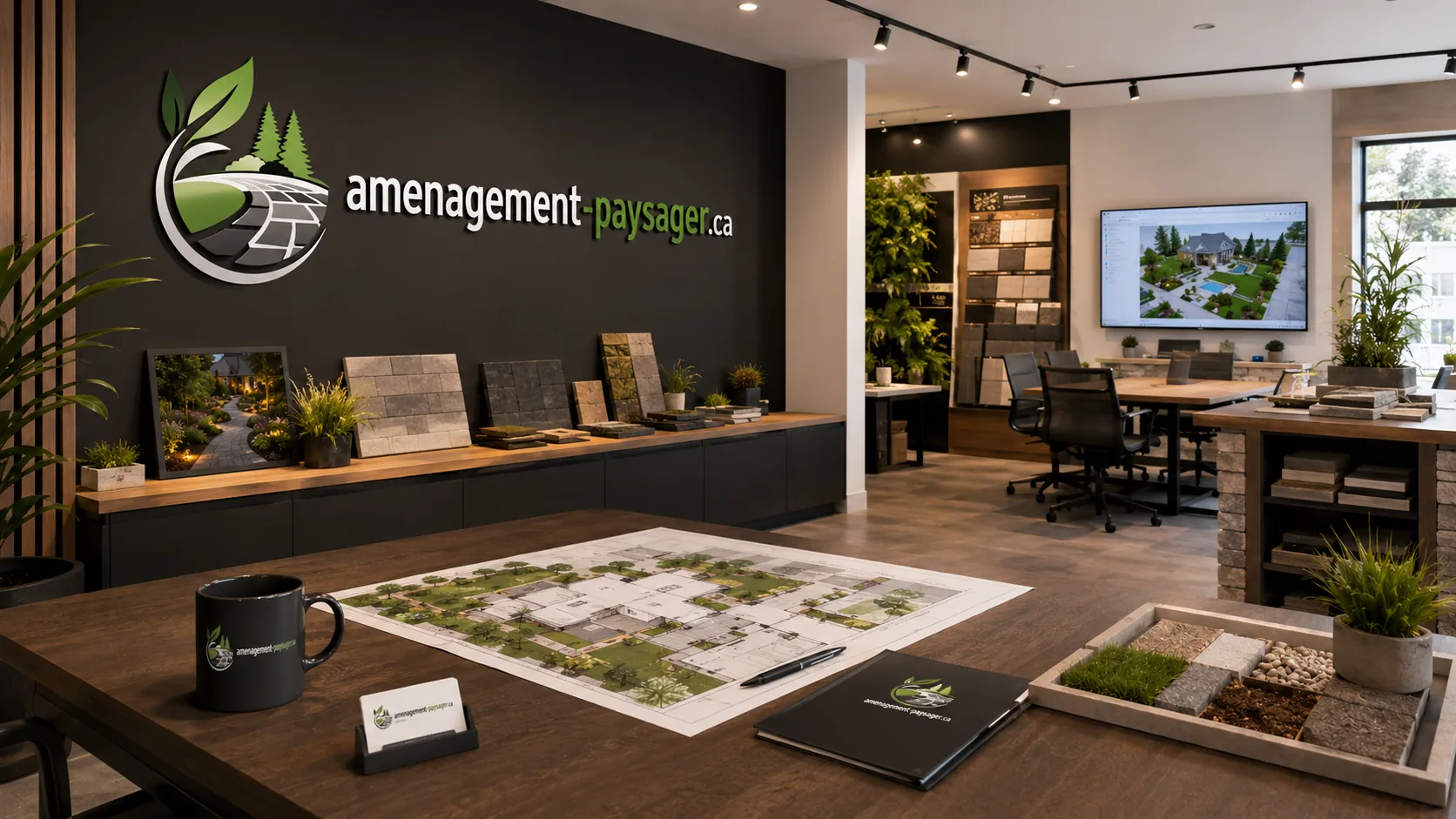 Espace de détente extérieur aménagé avec pavé et éclairage